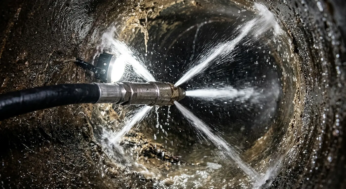 High-pressure hydro jetting nozzle cleaning sewer pipe for Trenchless Sewer Repair in Glenn Heights