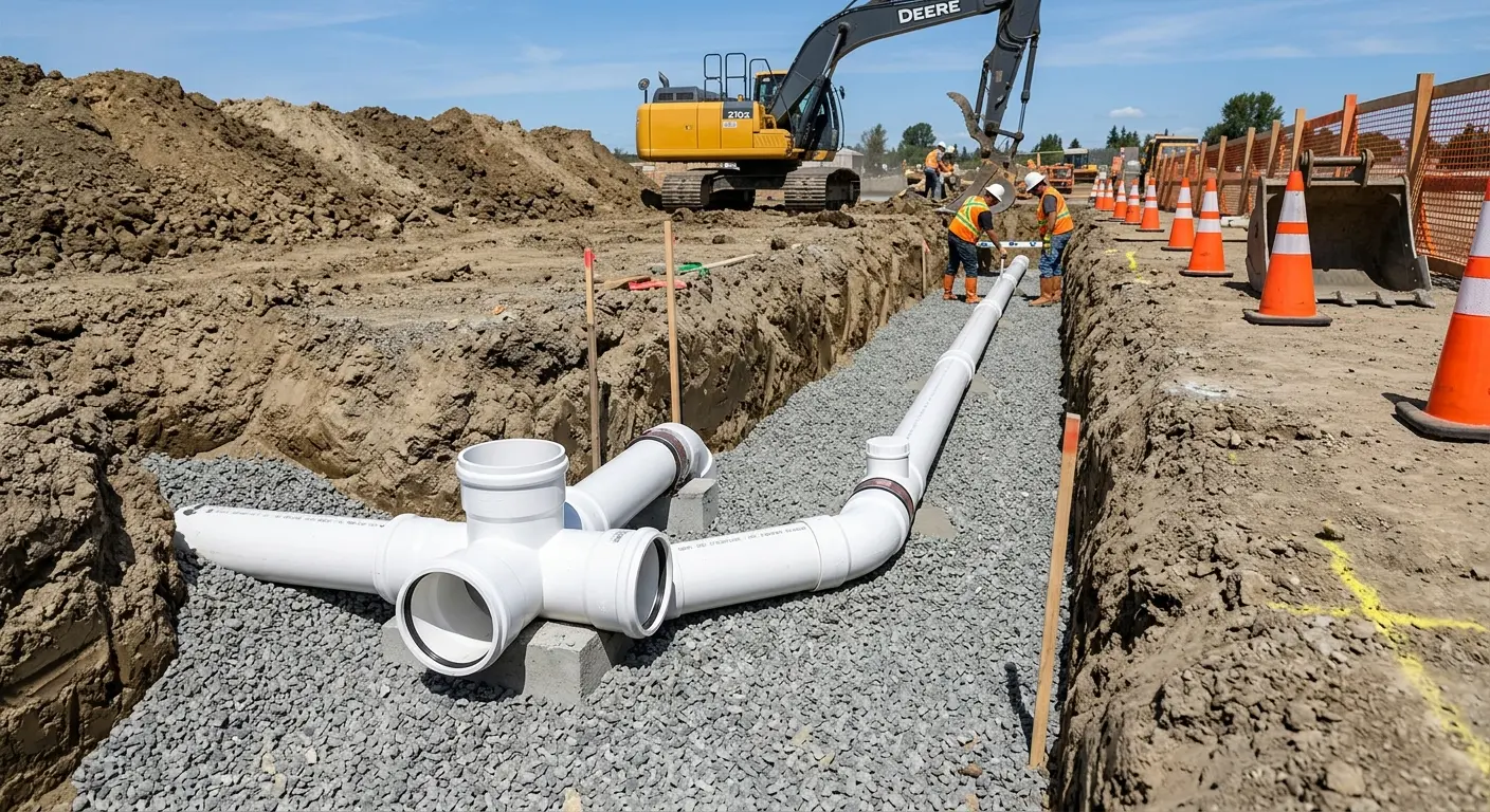 New PVC sewer pipe installation in open trench for Sewer Backup in Glenn Heights