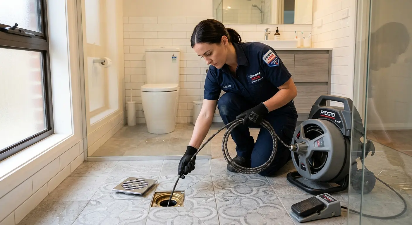 Technician clearing a bathroom floor drain for Sewer Line Replacement in Glenn Heights